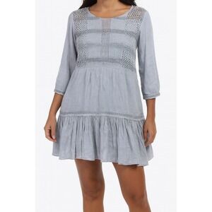 Women's Gray Medium Large‎ Crochet Long Sleeve Tunic Mini Dress Bohemian Style